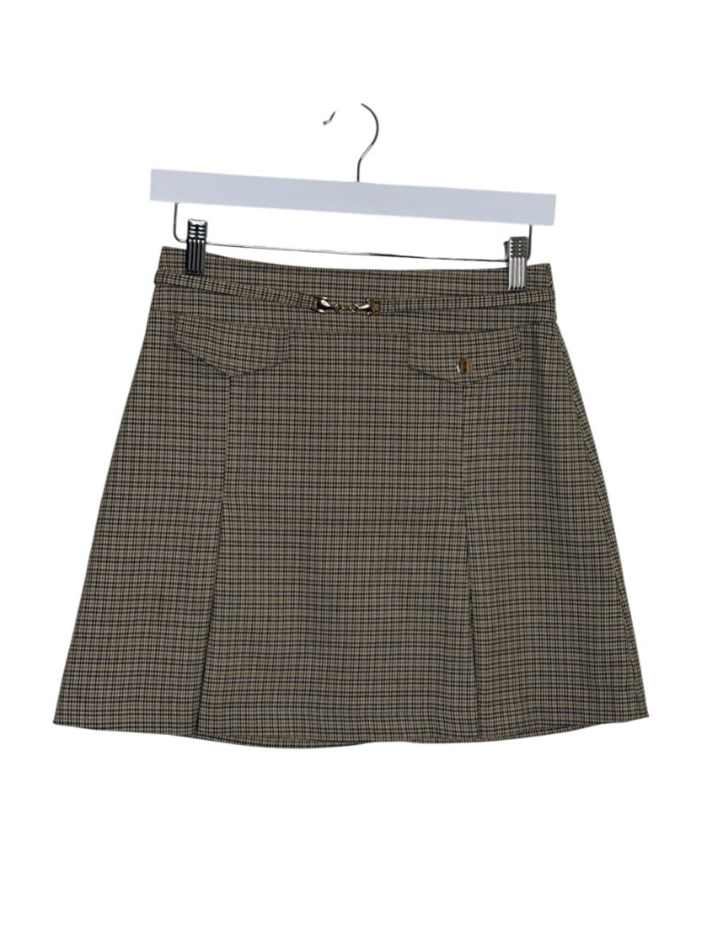 TopShop Pleated Mini Skirt Plaid Gold Chain School Girl Tan Navy Blue 4